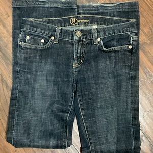 Bebe Women Jeans Pant, Straight Leg, Distress. Sz 28. Leather/Metal Logo